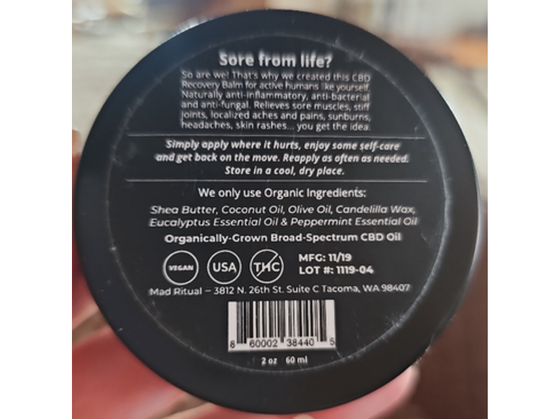 Mad Ritual CBD Recovery Balm, Eucalyptus + Peppermint. 2 oz/60 mL