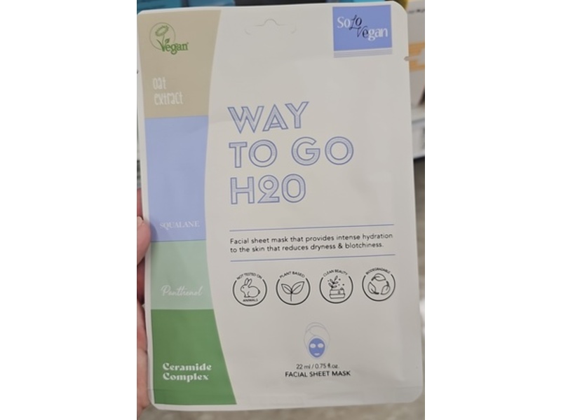 SoloVegan Way To Go H20 Facial Sheet Mask, 0.75 fl oz/22 mL, 5 Count