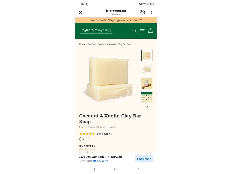 Herb'n Eden Bar Soap, Coconut & Kaolin, 4 oz