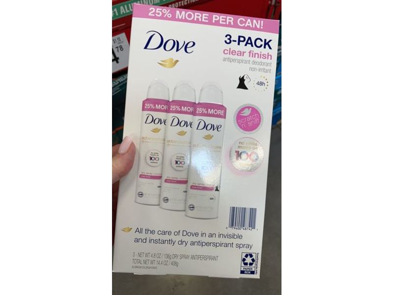 Dove Antiperspirant Deodorant Advanced Care Dry Spray, 4.8 oz/136 g, Pack Of 3