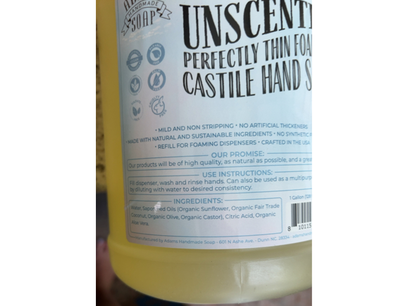 Adams Handmade Soap Perfect Thin Foaming Castile Liquid Hand Soap, 128 fl oz/3.78 L