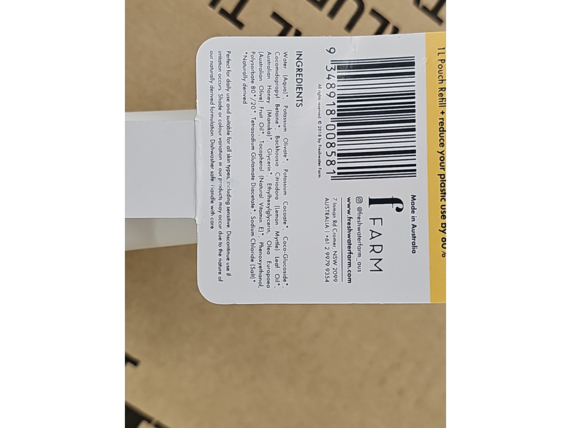 Freshwater Farm Refillable Glass Bottle Hand Wash , Lemon Myrtle Oil + Manuka Honey, 500 mL