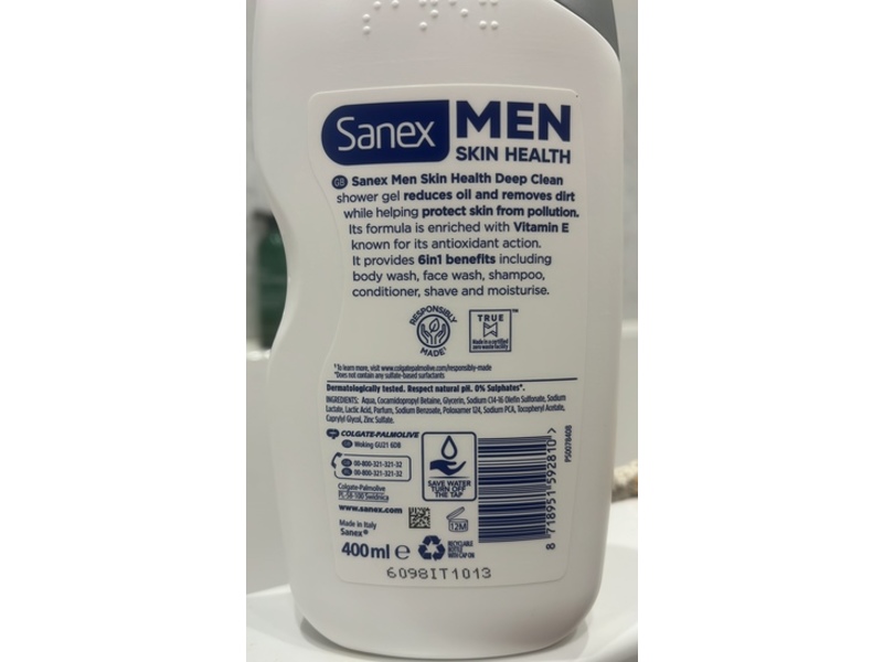Sanex Men Skin Health 6 In 1 Shower Gel, Deep Clean, 400 mL