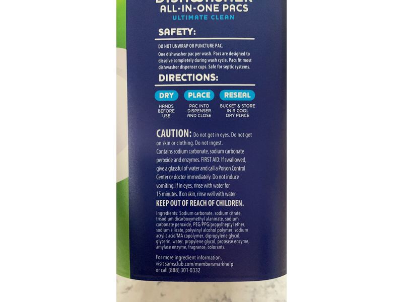 Member's Mark Dishwasher Pacs, Ultimate Clean, Fresh Clean Scent, 66.6 oz/1.89 kg, 105 Count