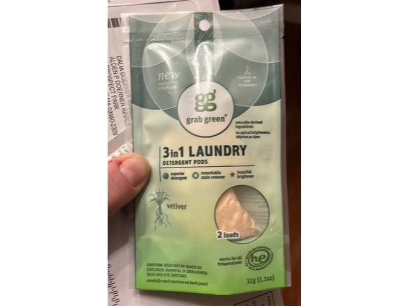 Grab Green 3 In 1 Laundry Detergent Pods, Vetiver, 2 Loads, 1.1 oz/32 g