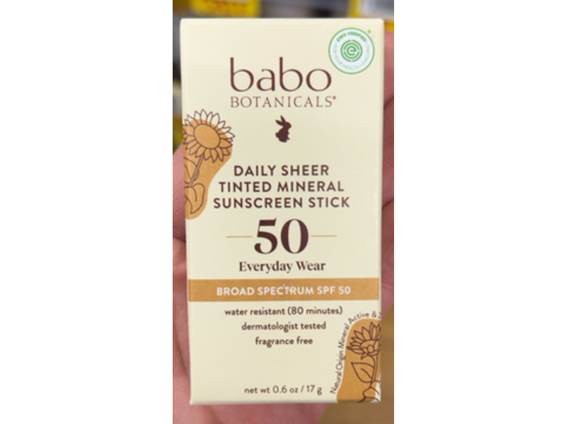 Babo Botanicals Daily Sheer Tinted Mineral Sunscreen Stick, SPF 50, Fragrance Free, 0.6 oz/17 g