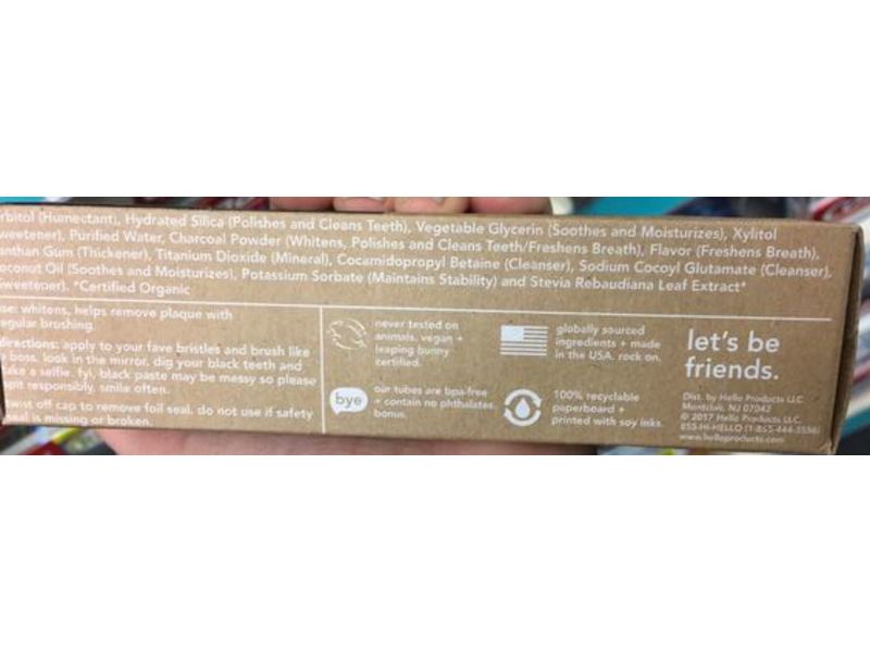 Hello Activated Charcoal Whitening Toothpaste, Fluoride Free, Fresh Mint + Coconut Oil, 4 oz/113 g