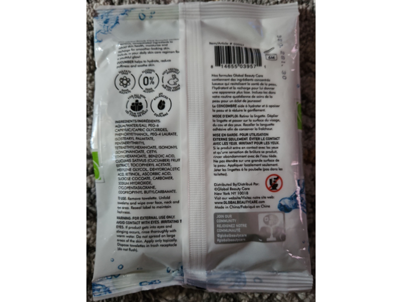 Global Beauty Care Makeup Remover Towelettes, Cucumber, 25 Count