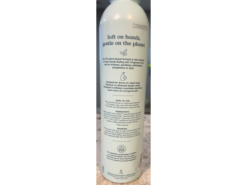 Grove Co. Hydrating Hand Soap, Free & Clear, 24 fl oz/710 mL