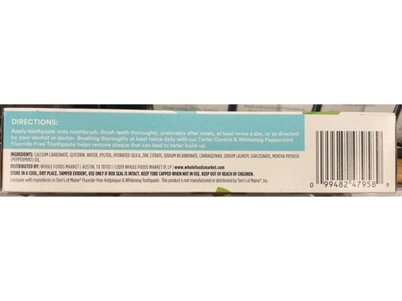 365 Whole Foods Market Tartar Control Whitening Toothpaste, Fluoride Free, 5.5 oz/156 g