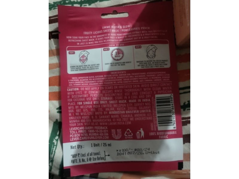 Lakme Blush & Glow Fruity-Licious Sheet Mask, Pomegranate Punch, 25 mL, 1 Count