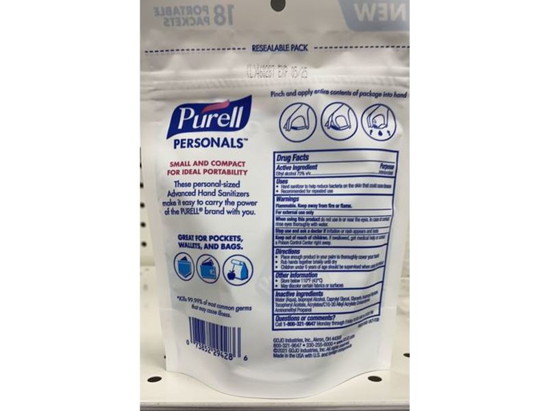 Purell Personals Advanced Hand Sanitizer, 0.04 fl oz/1.2 mL, Pack Of 4, 18 Count