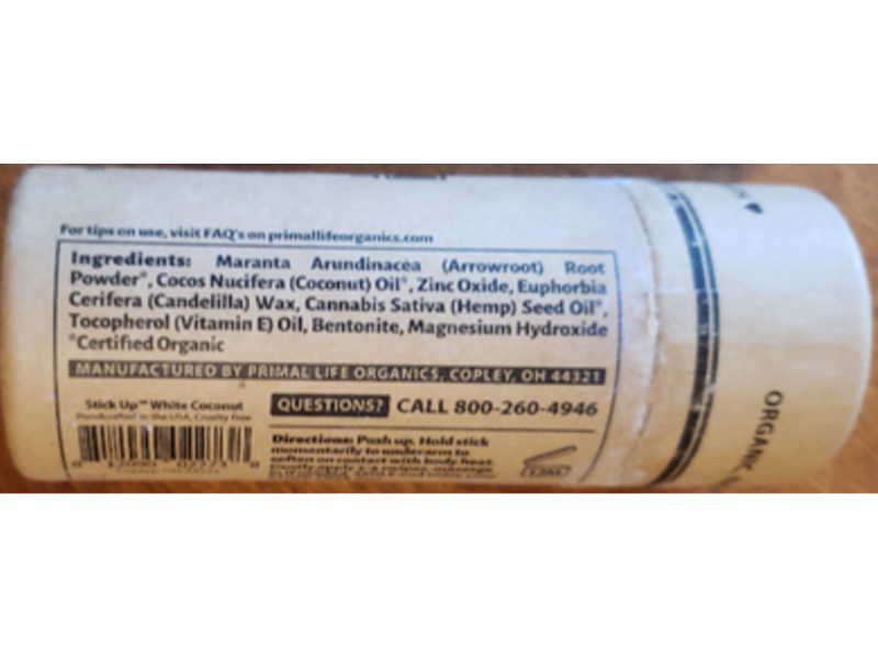 Primal Life Organics Stick Up Natural Deodorant, White Coconut, 3.0 oz/84 g