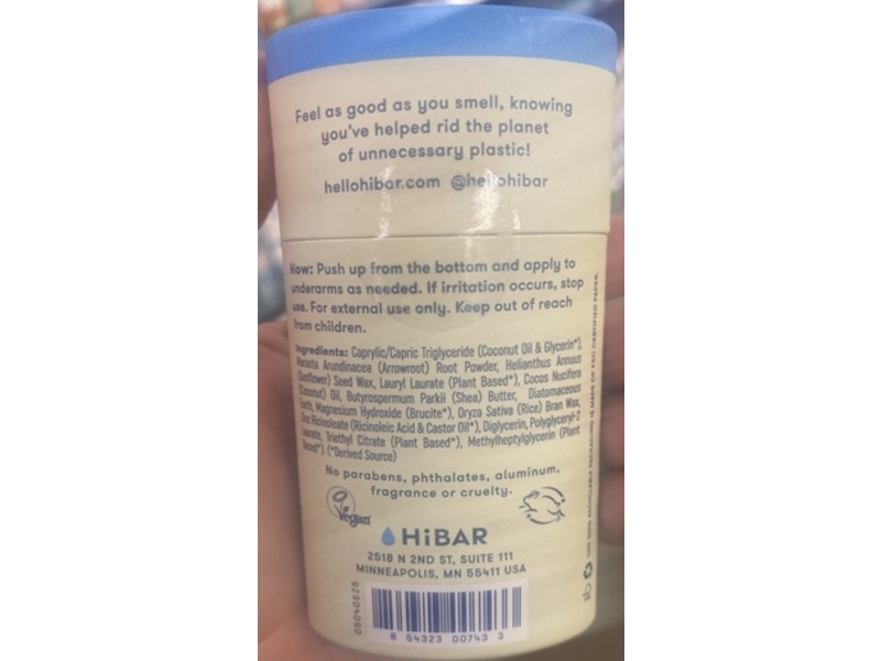 Hibar Deodorant, Fragrance Free, 2.25 fl oz/64 g