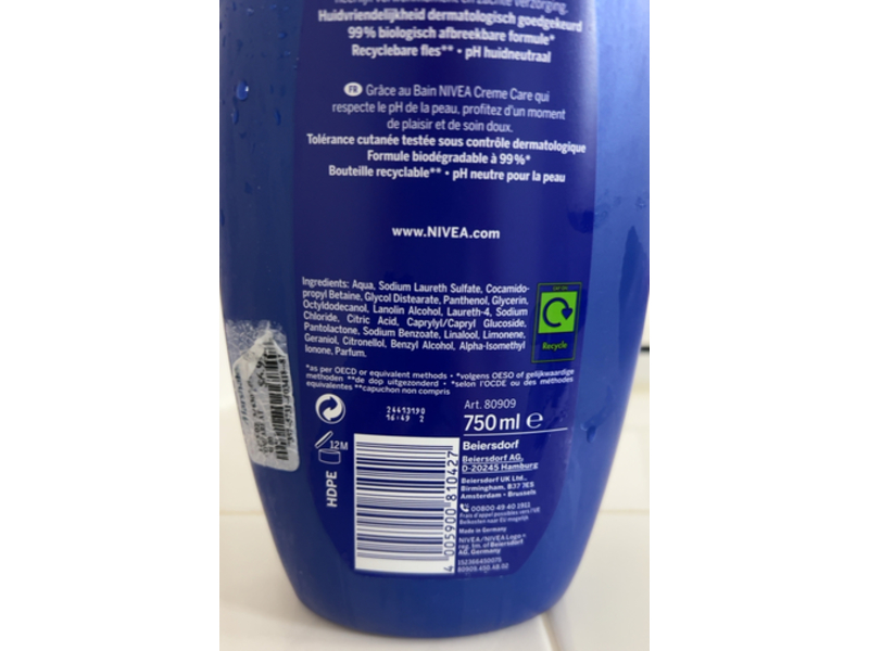 Nivea Cream Care Pure Care Bath Cream, 750 mL
