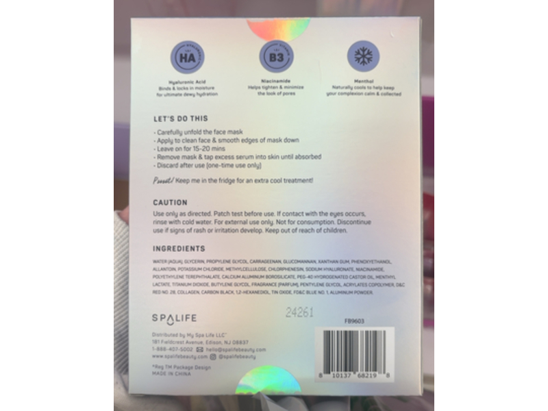 SpaLife On Thin Ice Cooling Hydrogel Mask, Hyaluronic Acid + Niacinamide & Menthol, 2.11 oz/60 g