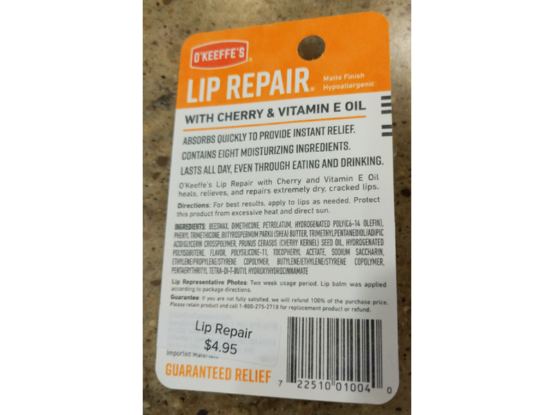 O'Keeffe's Lip Repair Lip Balm, Cherry & Vitamin E Oil, 0.15 oz/4.2 g, Pack Of 2