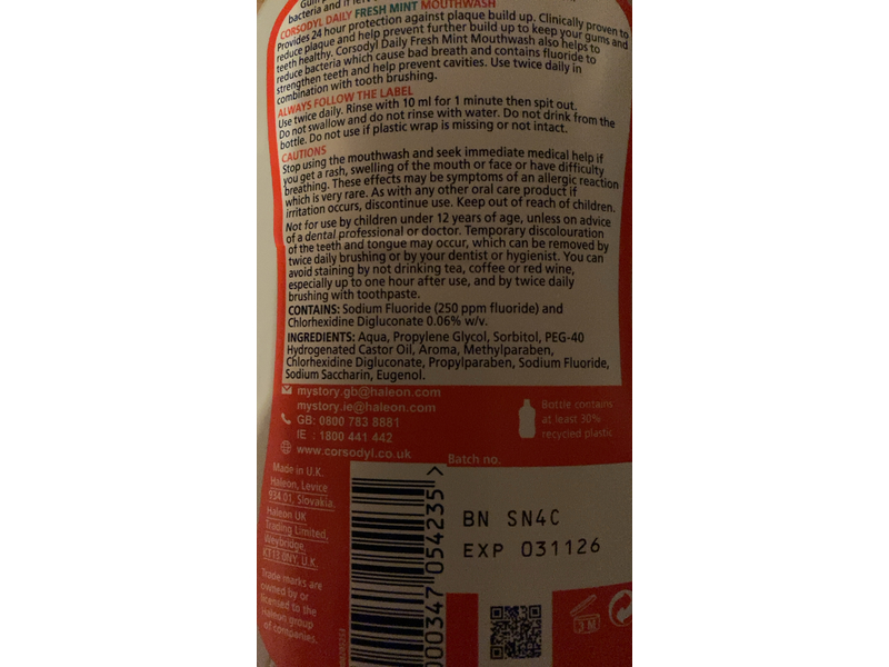 Corsodyl Daily Mouthwash, Fresh Mint, 500 mL