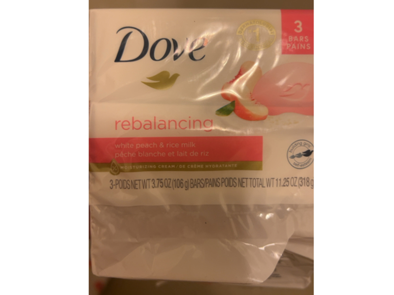 Dove Rebalancing Moisturizing Cream Bars, White Peach & Rice Milk, 3.75 oz/106 g, Pack Of 3