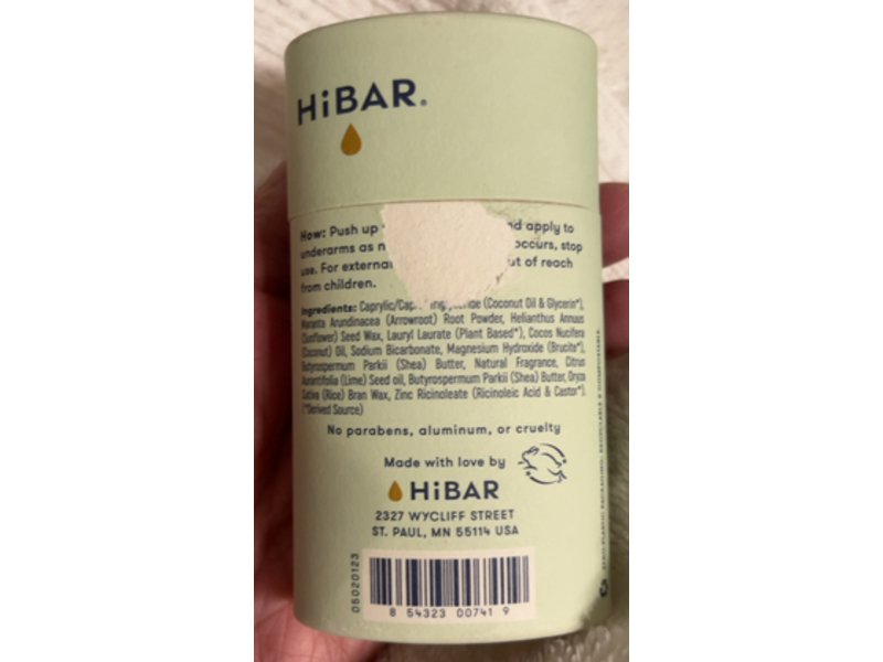 HiBAR Natural Deodorant, Bergamot Cedar, 2.25 oz/64 g