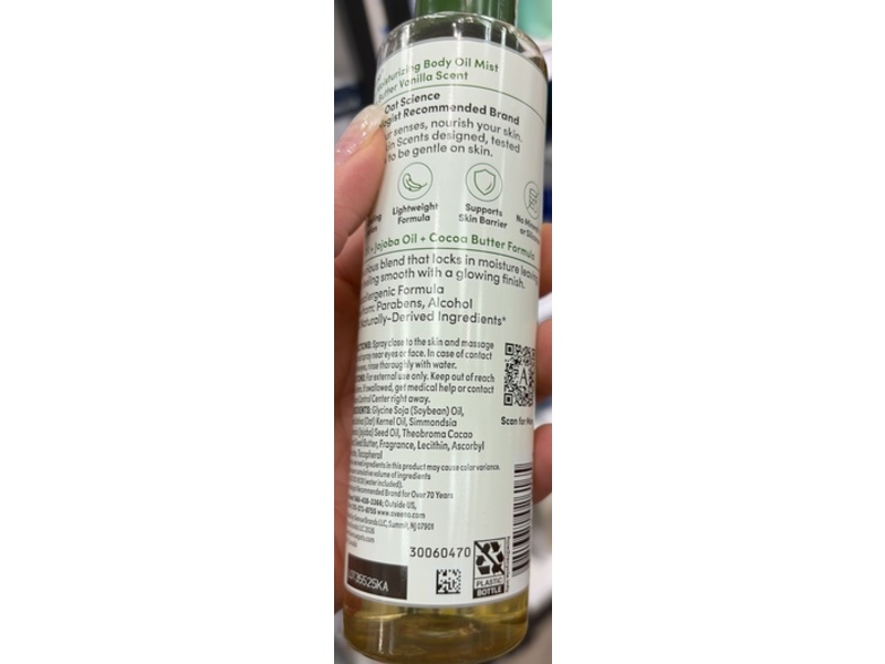 Aveeno Daily Moisturizing Body Oil Mist, Oat Oil + Jojoba Oil, Cocoa Butter Vanilla Scent, 6.7 fl oz/200 mL