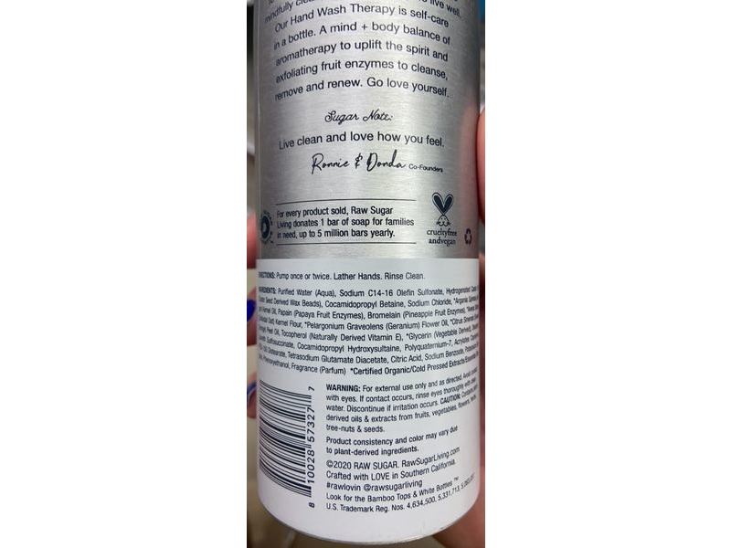 Raw Sugar Hand Wash Therapy, Geranium + Sweet Orange Oil, 12 fl oz