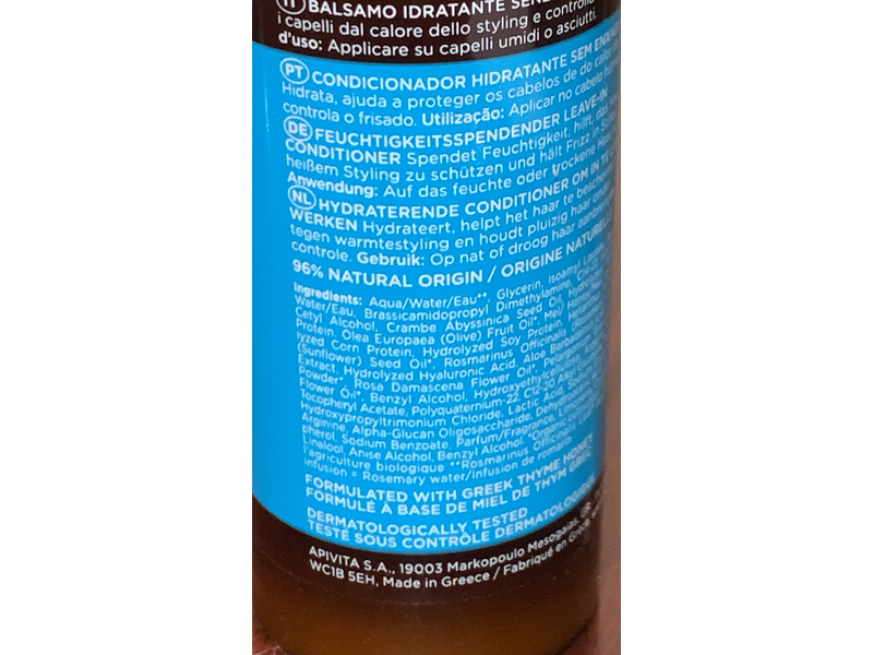 Apivita Hydration Moisturizing Leave-in Conditioner, 3.38 fl oz/100 mL