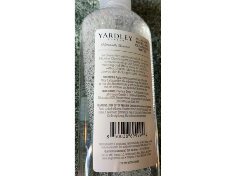 Yardley London All-In-One Micellar Cleansing Water Makeup Remover, 10 fl oz/295 mL