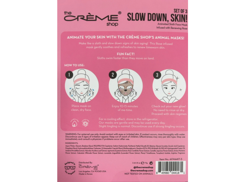 The Creme Shop Slow Down, Skin! Face Mask, Animated Sloth Face, 3 Count