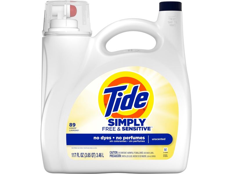 Tide Simply Free & Sensitive Laundry Detergent, Unscented, 89 Loads, 117 oz/3.46 L