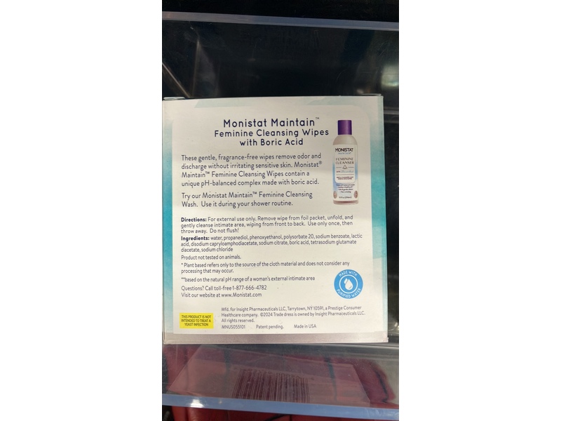 Monistat Maintain Feminine Cleansing Wipes, Boric Acid, 12 Count