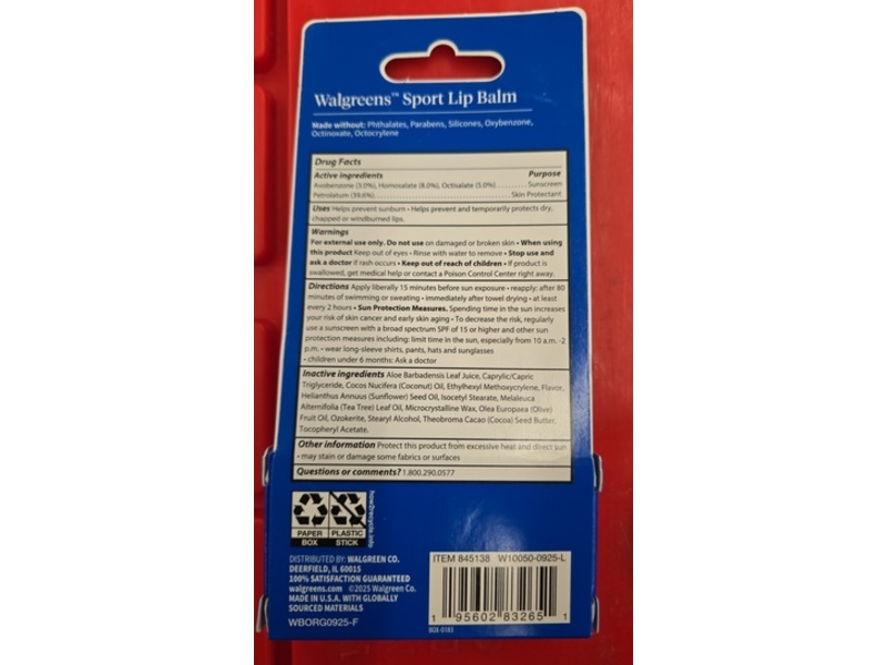 Walgreens Sport Sunscreen Lip Balm, SPF 30, 0.11 oz/3.4 g, 2 Count