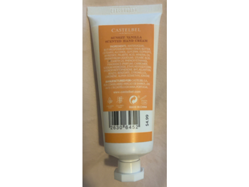 Castelbel Scented Hand Cream, Sunset Vanilla, 2 fl oz/60 mL