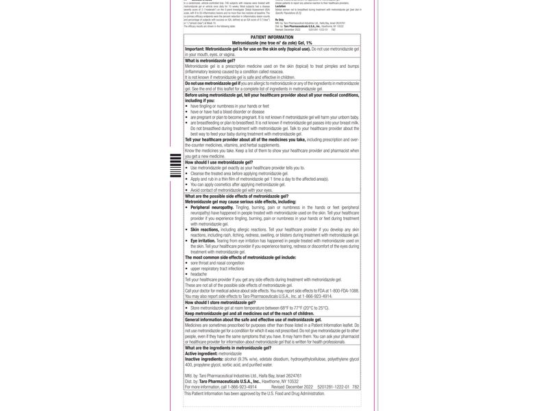 Metronidazole Gel USP, 1%, 60 g, Taro Pharmaceuticals (RX)