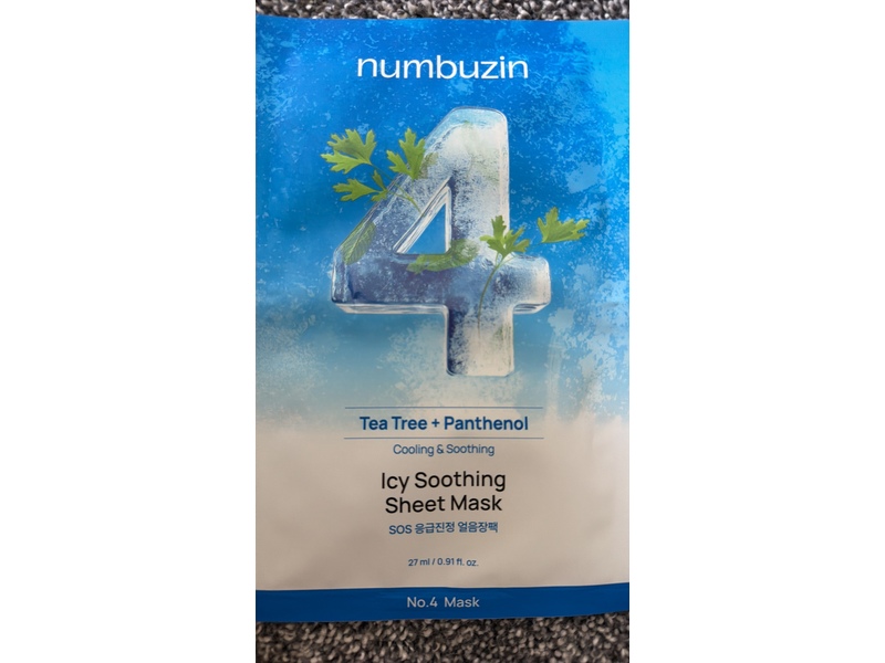 Numbuzin Icy Soothing Sheet Mask, Tea Tree+Panthenol, 0.91 fl oz/27 mL, Pack Of 5