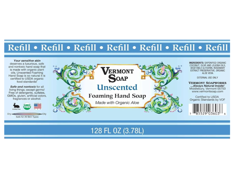 Vermont Soap Organics Foaming Liquid Hand Soap, Unscented, 128 fl oz/3.78 L