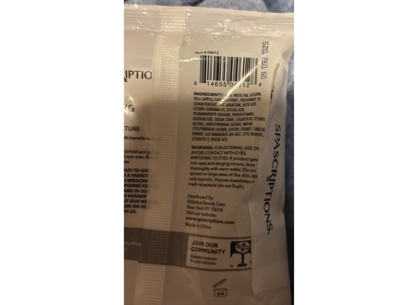 SpaScription Power Cleansing Wipes, Charcoal + Aloe, 30 Count