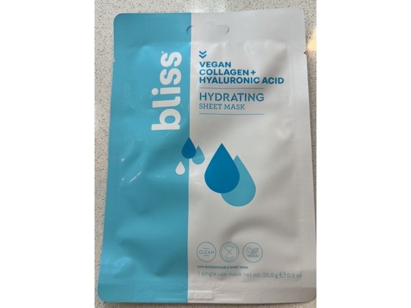 Bliss Vegan Collagen + Hyaluronic Acid Hydratimg Sheet Mask, 0.8 oz/25 g