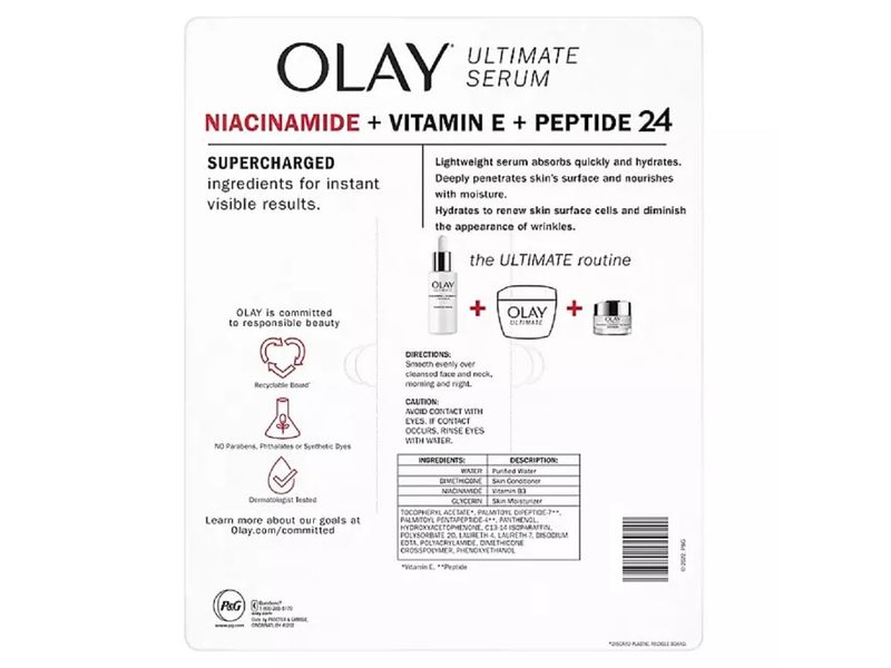 Olay Ultimate Hydrating Serum, Niacinamide + Vitamin E + Peptide 24, 1.3 fl oz/40 mL, Pack Of 2