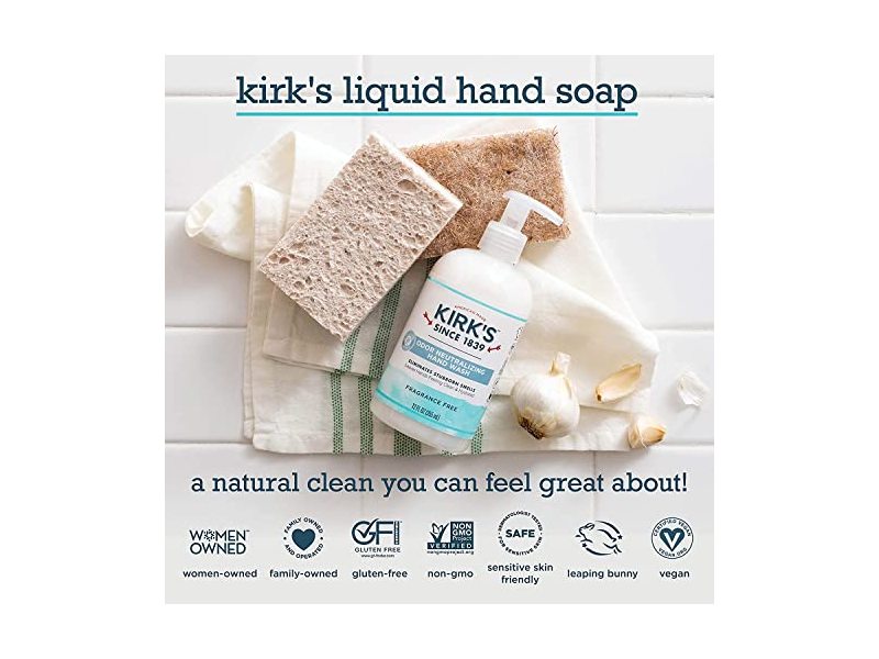 Kirk's Odor-Neutralizing Unscented Clean Hand Soap Castile Liquid Soap Pump Bottle, 12 Fl Oz. Bottle | 4-Pack