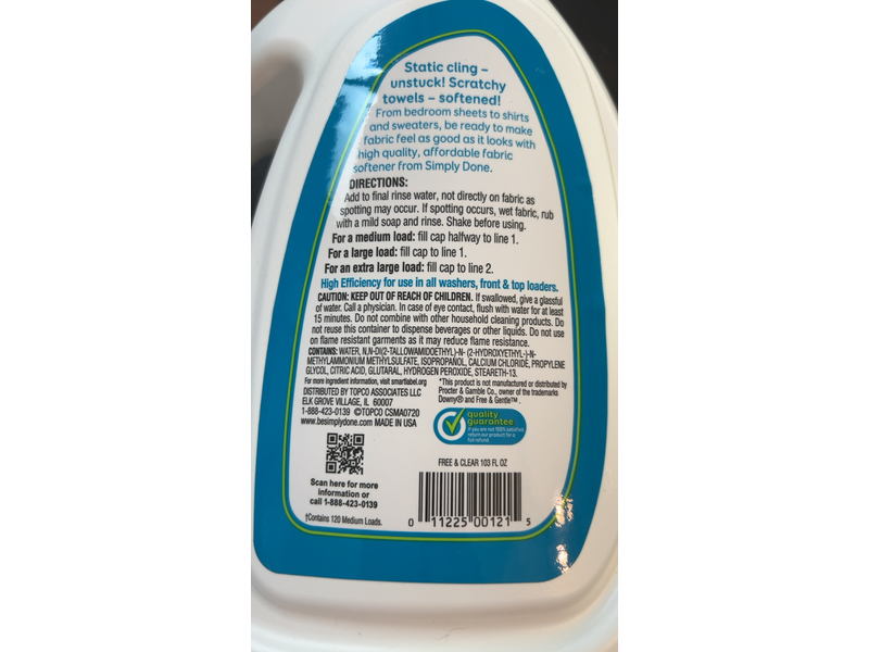 Simply Done Ultra Fabric Softener, Free & Clear, 120 Loads, 103 fl oz/3.04 L