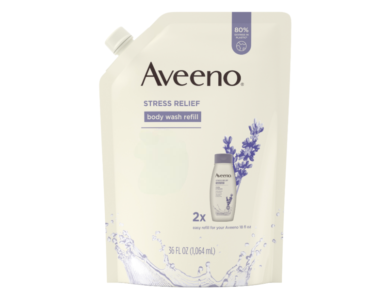 Aveeno Stress Relief Body Wash Refill, Prebiotic Oat + Lavender Scent, 36 fl oz/1064 mL