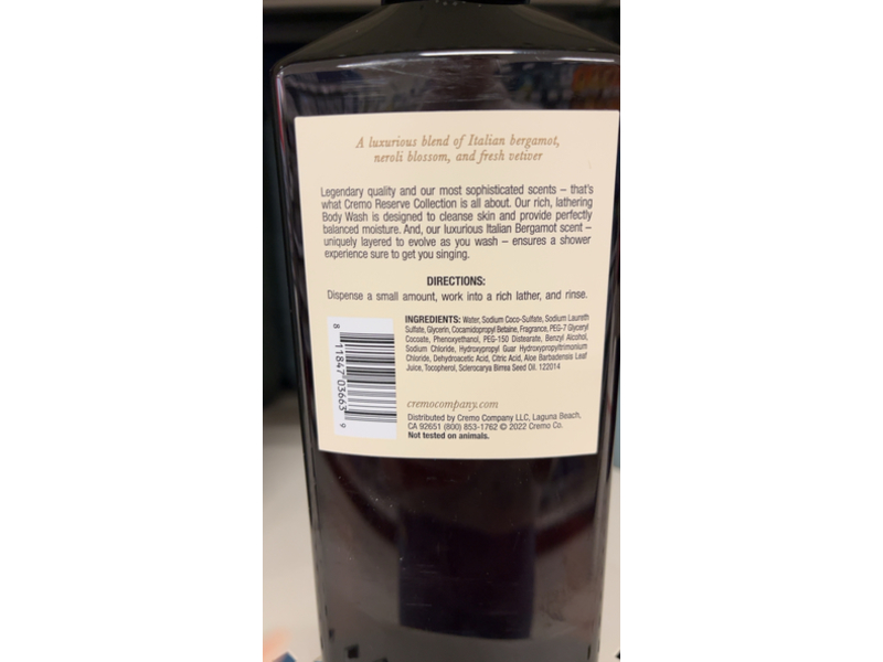 Cremo Reserve Collection Body Wash, Italian Bergamot, 16 fl oz/473 mL