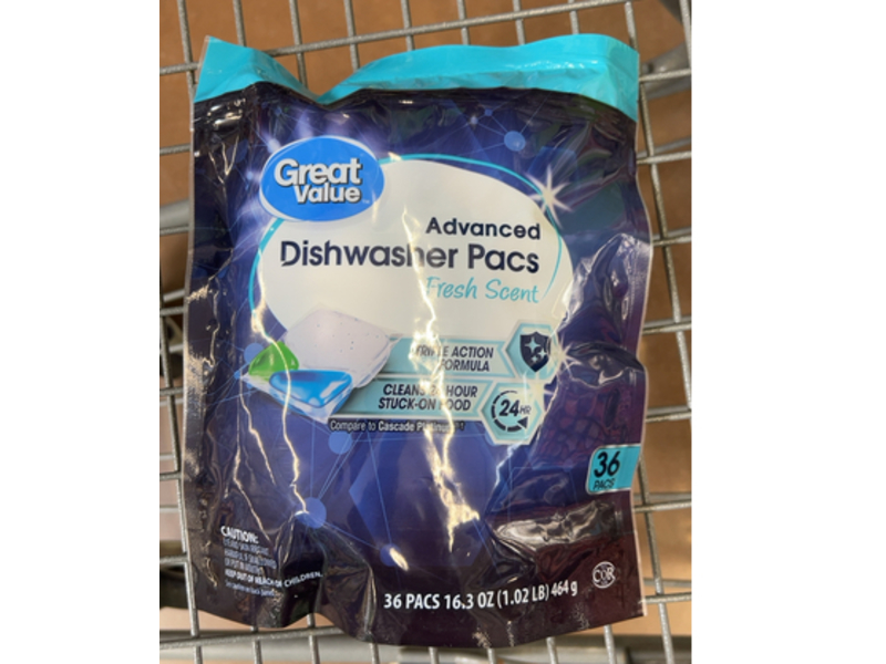 Great Value Advanced Dishwasher Pacs, Fresh Scent, 36 Pacs, 16.3 oz/464 g