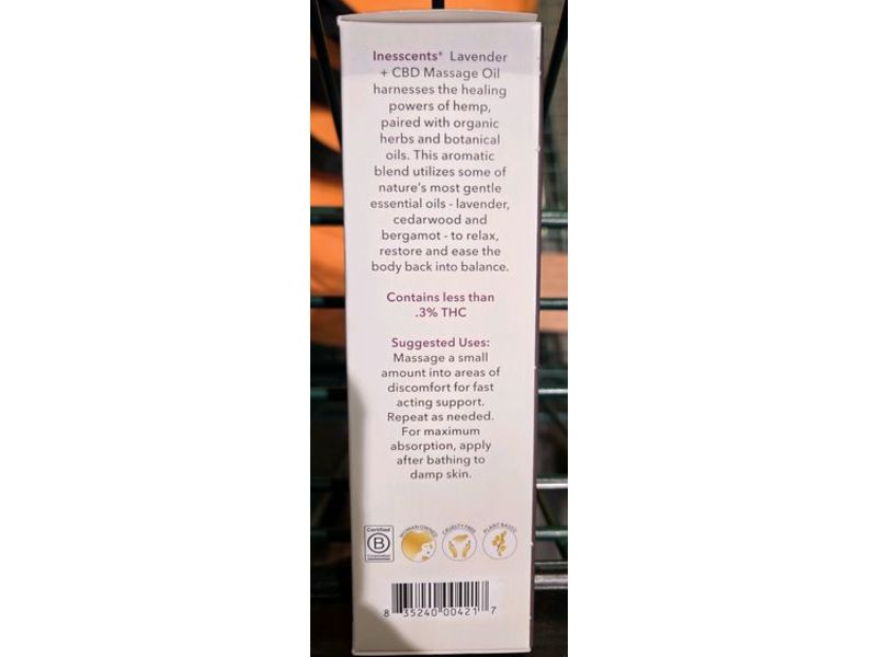 Inesscents CBD Massage Oil, Arnica, Bergamot & Lavender, 4 fl oz/118 mL