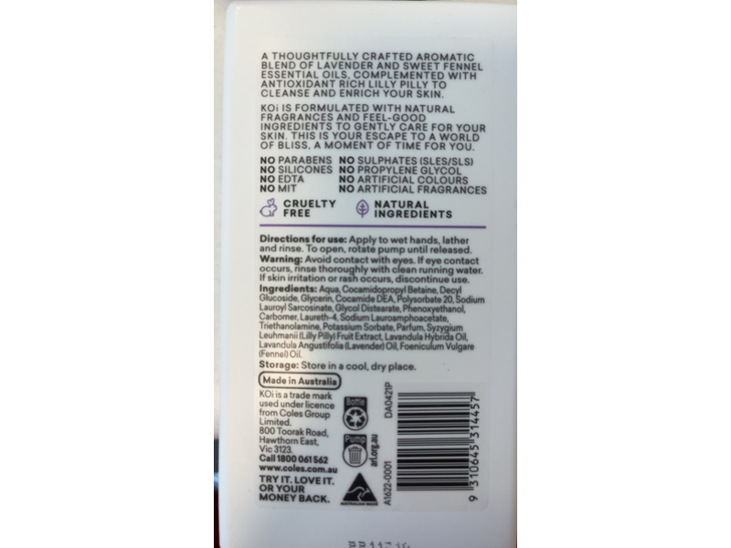 Coles Koi Calming Hand Wash, Lavender & Sweet Fennel, 500 mL