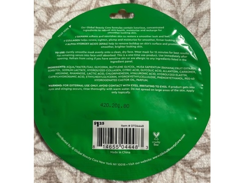 Global Beauty Care Smoothing Banana Sheet Mask, Collagen & AHA, 0.8 oz/25 mL