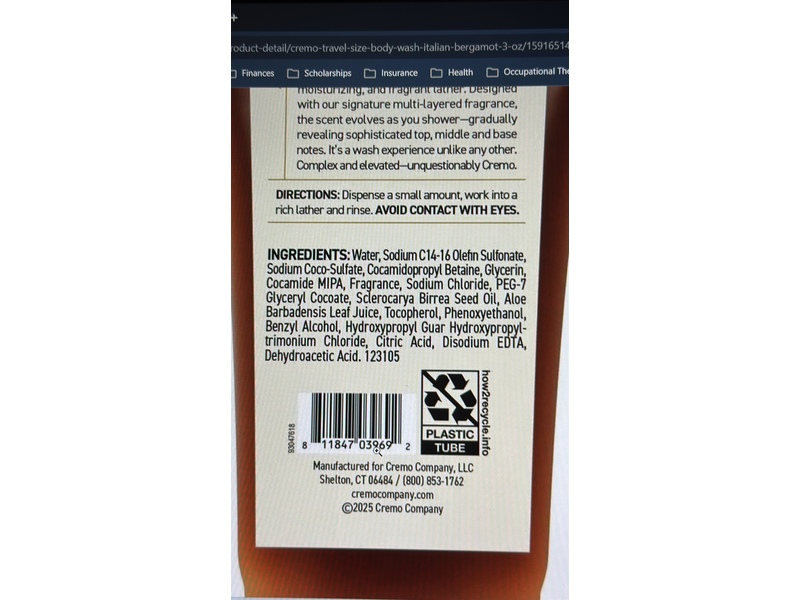 Cremo Bright & Fresh Body Wash, Italian Bergamot, 3 fl oz/89 mL