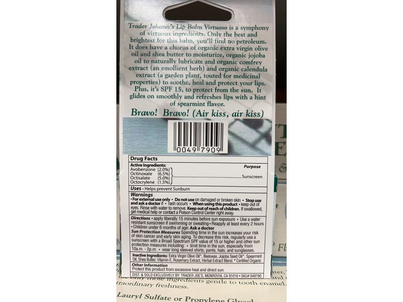 Trader Johann's Virtuoso Lip Balm, Spearmint, 0.45 oz/12.75 g, 3 Count, Pack Of 2