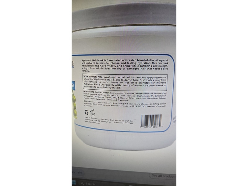 Kleravitex Deep Hydration Treatment Hair Mask, Hyaluronic, 36 fl oz/1064.65 mL